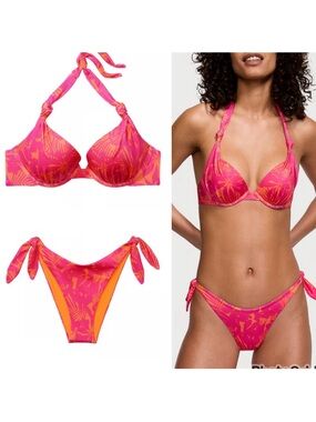 VS KNOTTED BIKINI SET PINK PALM 40DD/XXL NWT
